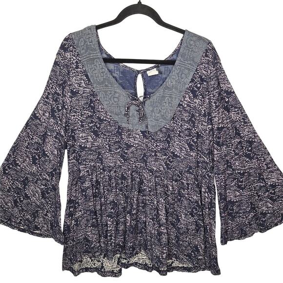 Anthropologie Akemi + Kin Top Marcella Damask Paisley Boho Peasant XL Bell Lace - Picture 1 of 13